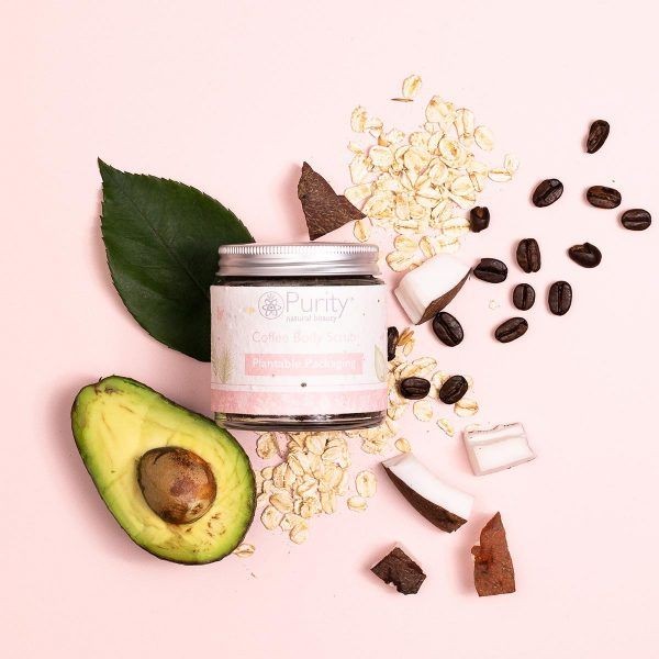 body scrub, exfoliating scrub, coffee body scrub, skincare product, natural body scrub, product demo, flat lay, minimalist, fresh, calm, pastel, neutral, brown